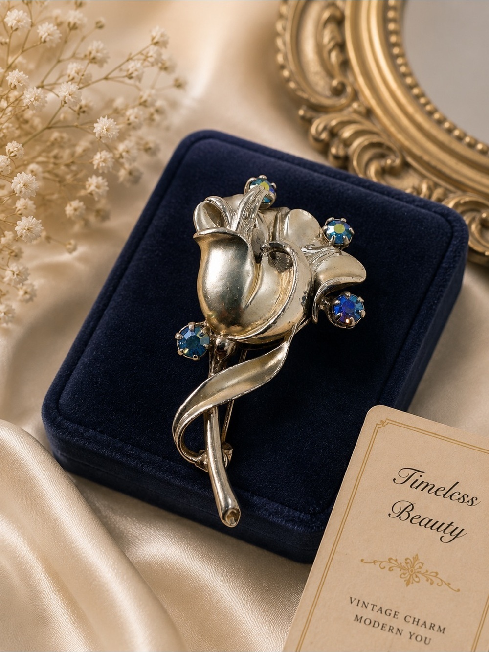 Vintage Silvertone Tulip Brooch – Aurora Borealis Rhinestone Floral Pin